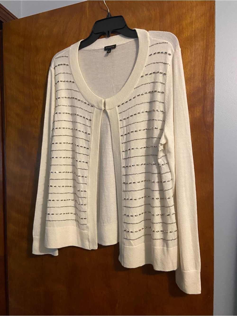 Talbots Cream Open-Front Eyelet Stripe Cardigan